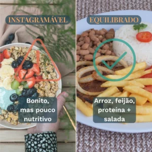 Comparação entre um bowl colorido de frutas e granola, visualmente atrativo mas pouco nutritivo, e um prato equilibrado com arroz, feijão, proteína e salada.