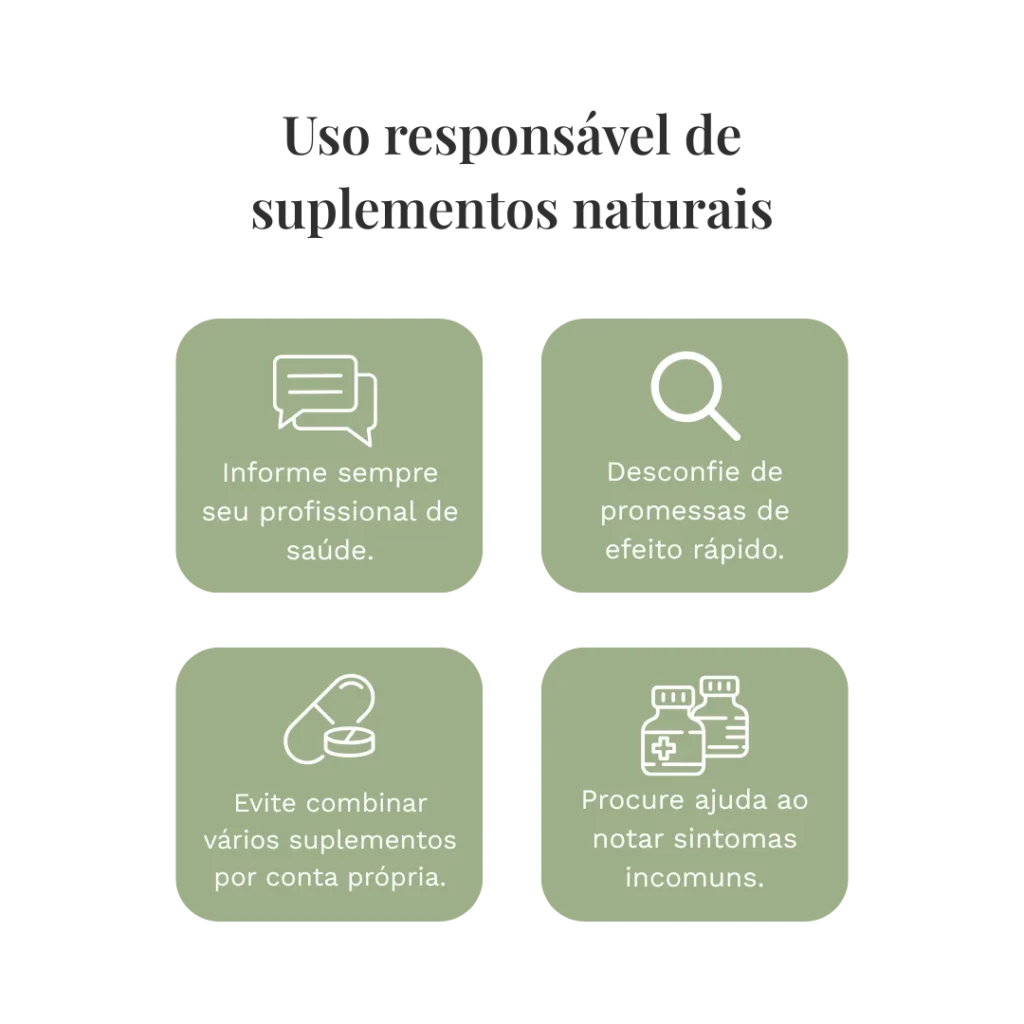 Suplementos naturais podem afetar seu fígado: o que a ciência já sabe Infográfico com quatro recomendações de uso seguro de suplementos naturais, incluindo informar profissionais de saúde e evitar combinações por conta própria.