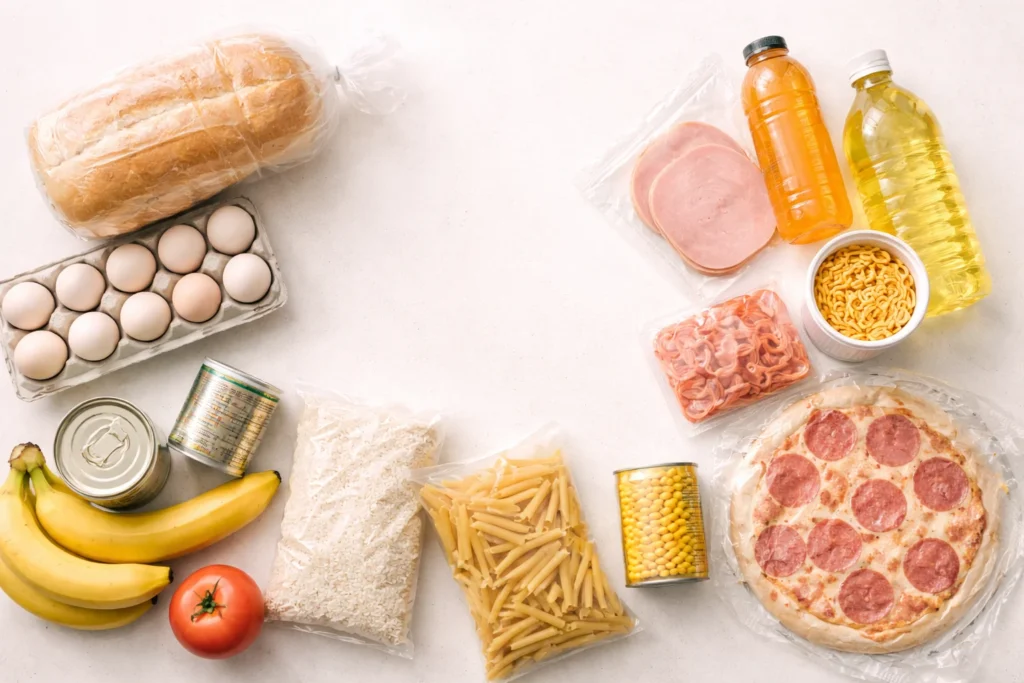 Conjunto de alimentos com diferentes níveis de processamento organizados em círculo sobre fundo claro, representando acesso e desigualdade alimentar.
