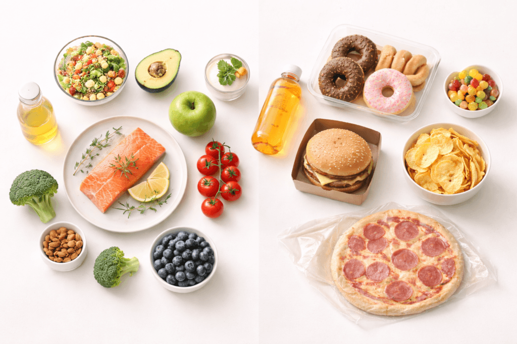 Comparação visual entre alimentos in natura e ultraprocessados, representando diferentes padrões alimentares.