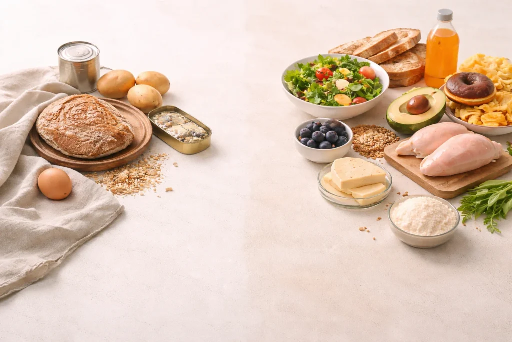 Imagem comparando alimentos in natura e minimamente processados com alimentos ultraprocessados, ilustrando diferentes padrões alimentares.