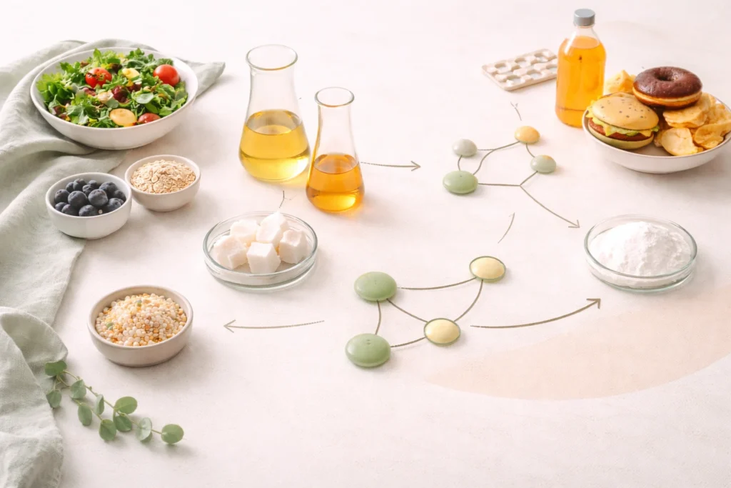 Composição de alimentos naturais e ultraprocessados conectados a símbolos metabólicos, representando efeitos além das calorias na gestação.